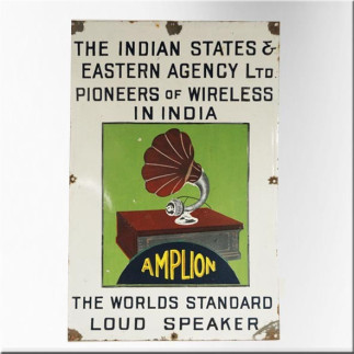 Enamel advertising sign featuring a phonograph motif