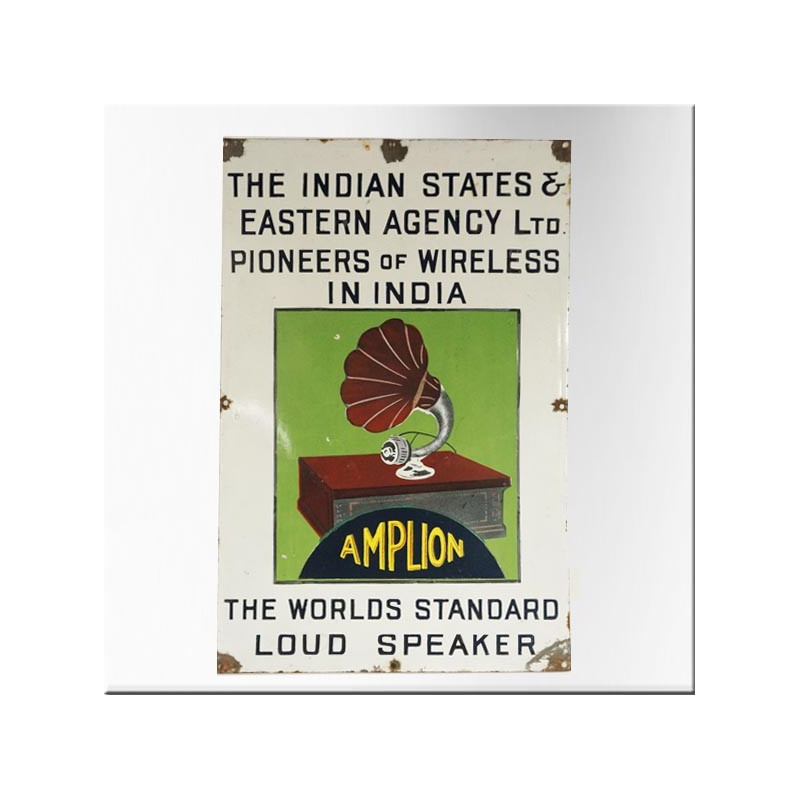 Enamel advertising sign featuring a phonograph motif