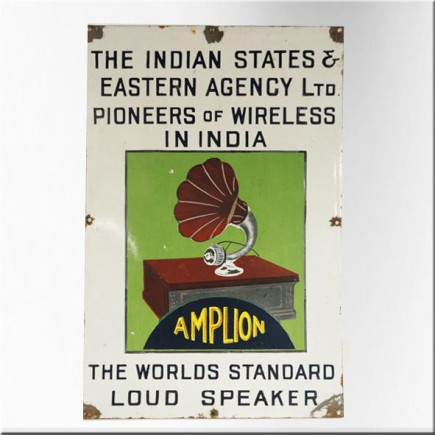 Enamel advertising sign featuring a phonograph motif