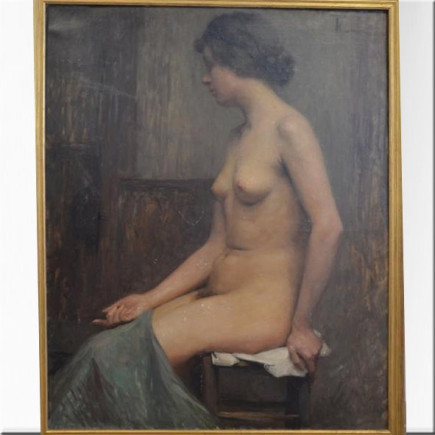 Huile sur toile, nu dans un atelier, signé TB