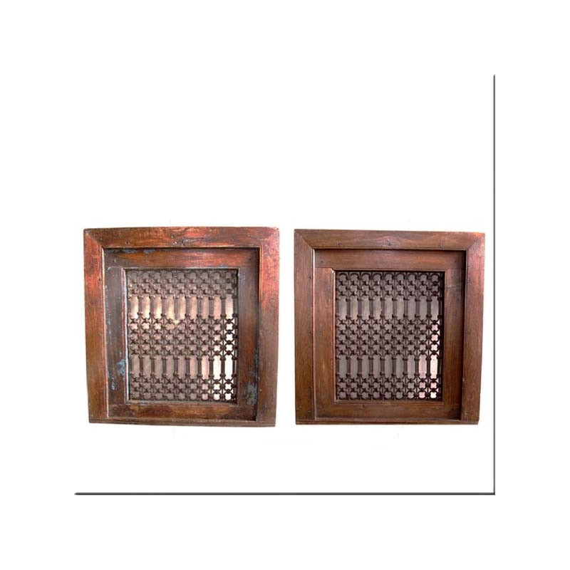Pair of mashrabiya screens in teak and iron
