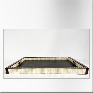 Plateau colonial rectangulaire en bois et os