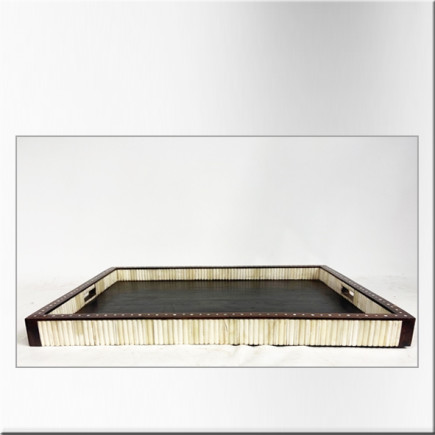 Plateau colonial rectangulaire en bois et os