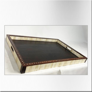 Plateau colonial rectangulaire en bois et os