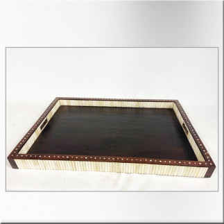 Plateau colonial rectangulaire en bois et os