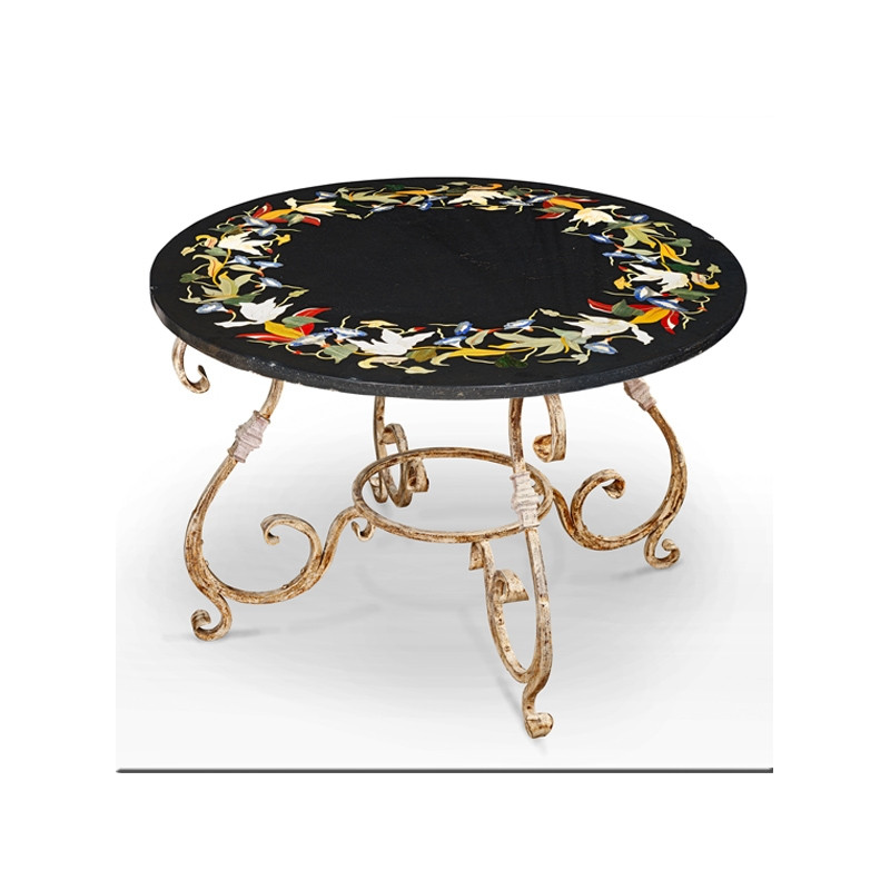 Round table in gray marble and flowers inlay with iron feet