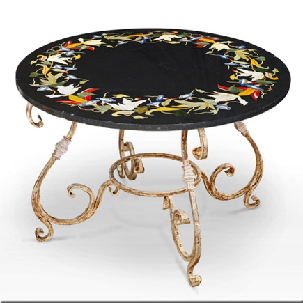 Table ronde en marbre gris et marqueterie fleurs pied en fer