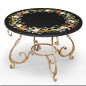 Round table in gray marble and flowers inlay with iron feet