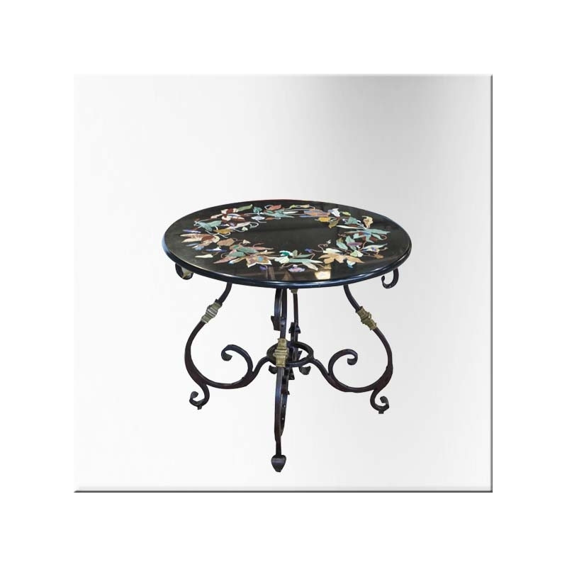 Table ronde pied en fer & plateau en marbre noir/marqueterie
