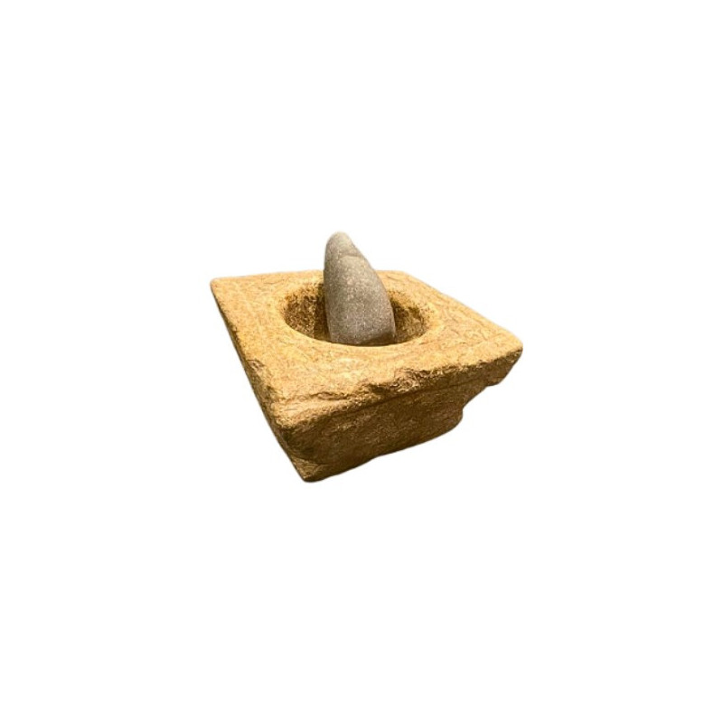 Square shaped mortar in Jaisalmer yellow marble Accompanied by a pestle granite India 18th Century