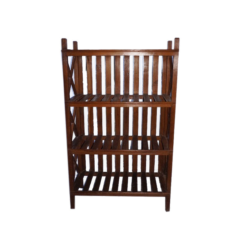 Teakwood display shelf with X-shaped sides