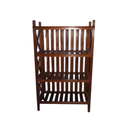 Teakwood display shelf with X-shaped sides