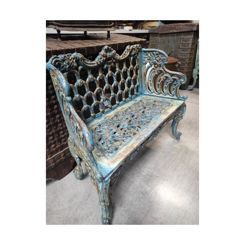 Banc de jardin Anglais laqué bleu en fonte