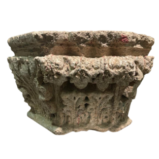 Pair of corner capitals in carved stone décorated with stylised foliage and flowers 13th century