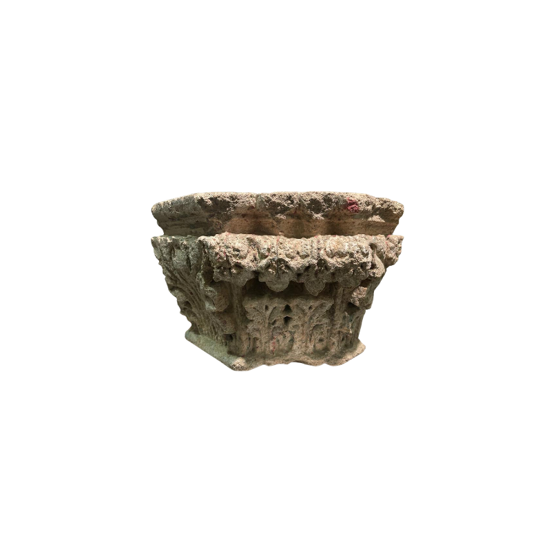 Pair of corner capitals in carved stone décorated with stylised foliage and flowers 13th century