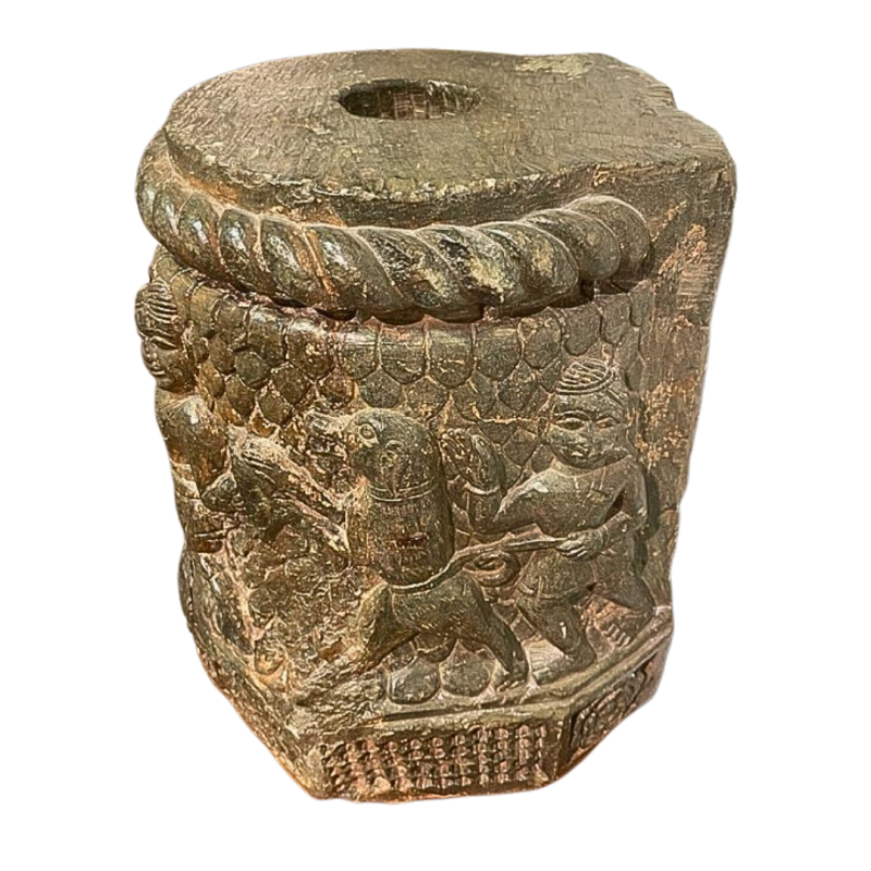 Green Marble Capital Base, Carved in High Relief with a Hunting Scene. India 12th century
