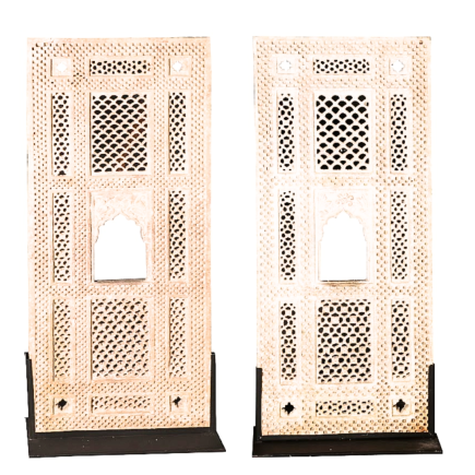 Pair of tall rectangular one-piece beige sandstone lattice panels 18th century