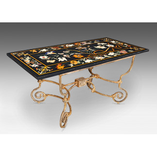 Rectangular marble and marquetry table with iron foot