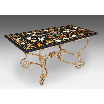 Rectangular marble and marquetry table with iron foot
