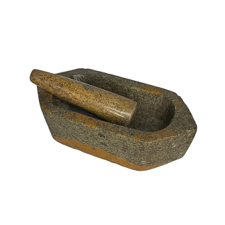 Small two-tone oval shaped marble mortar with two sides pinches, accompanied by its marble pestle.  18th Century.