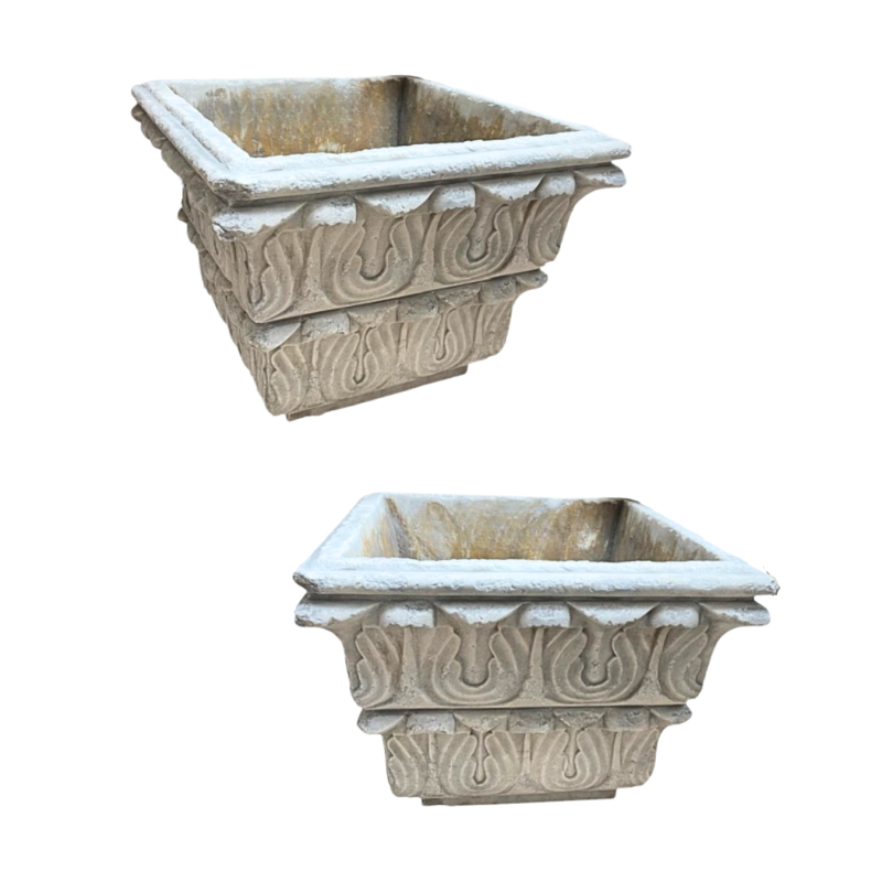 Pair of monobloc square white marble basins. Early 19th century