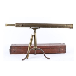 Brass and bronze telescope and its tripod in a wooden box 19th C.