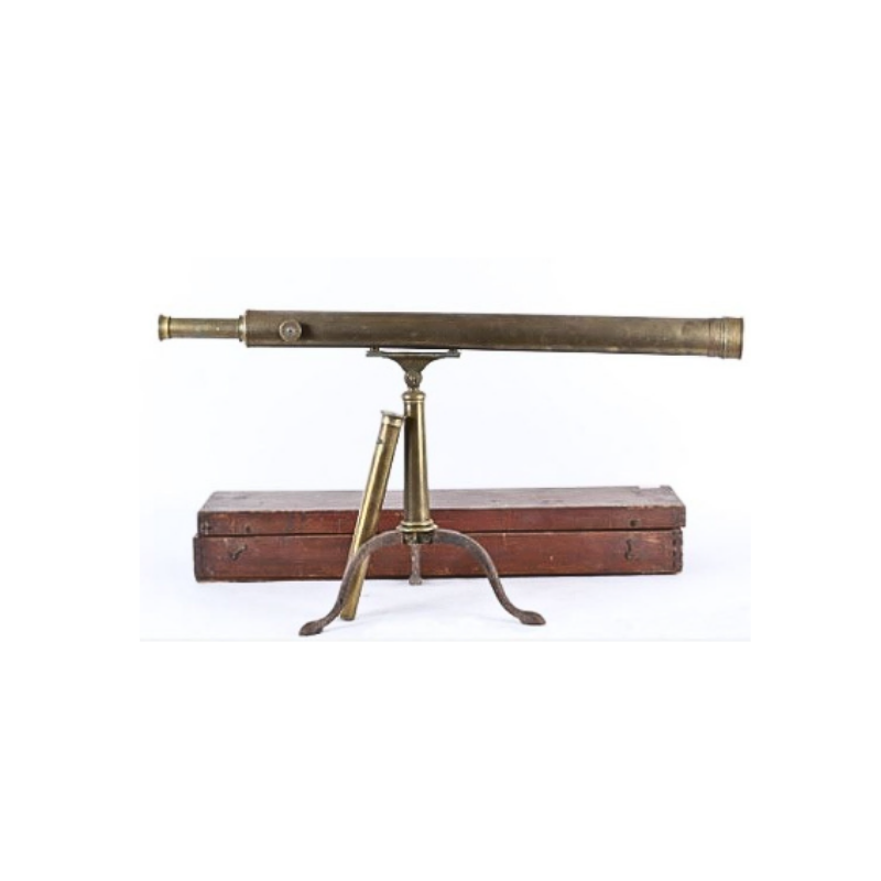 Brass and bronze telescope and its tripod in a wooden box 19th C.