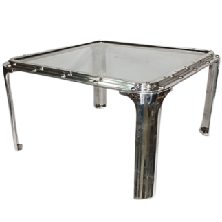Square aluminum porthole mounted as a table