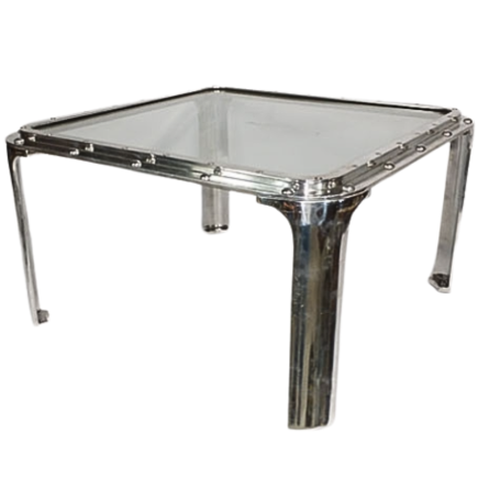 Square aluminum porthole mounted as a table