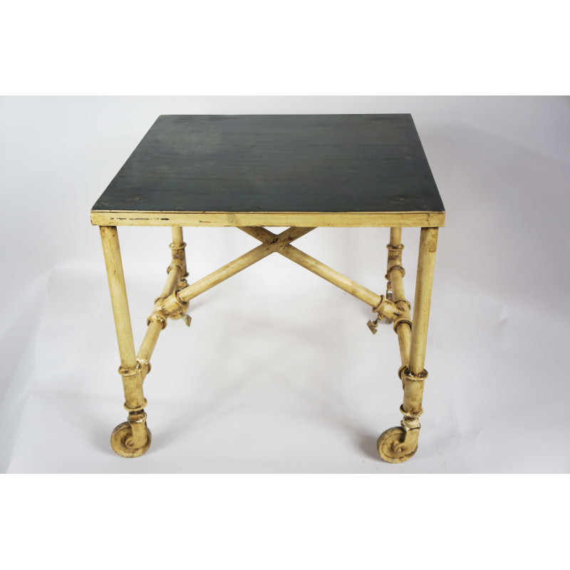 Square side table made of cream-lacquered iron tubing